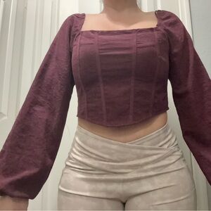 Kirious Los Angeles long puffy sleeve crop in Burgundy Women's Top Sz L